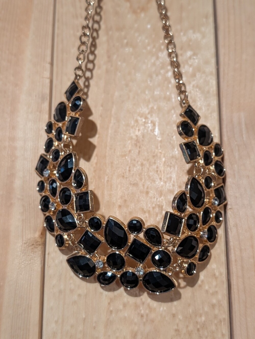 Gold Tone Black Rhinestone Geometric Bib Statement Collar Necklace